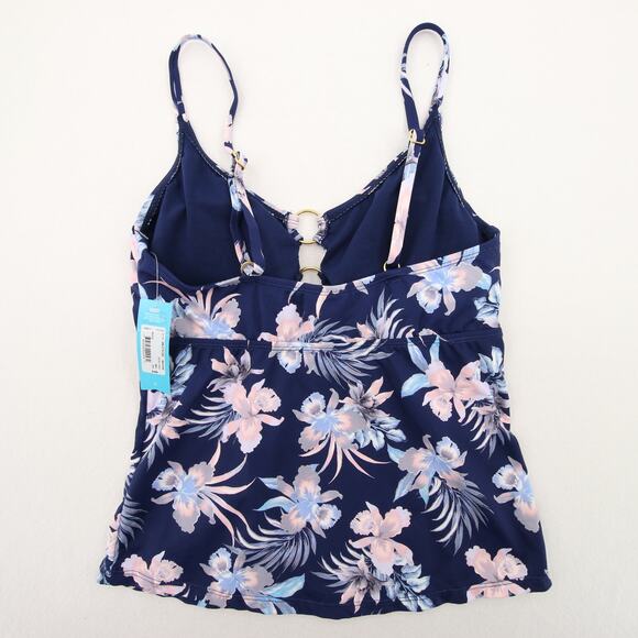 Ambrielle Tankini Top Navy Floral Tropical O Ring Cutout Padded Swim Top Small - Picture 10 of 10